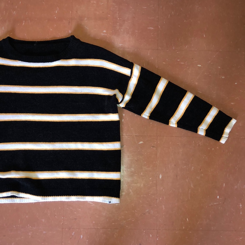 Yellow and black striped velvet sweater